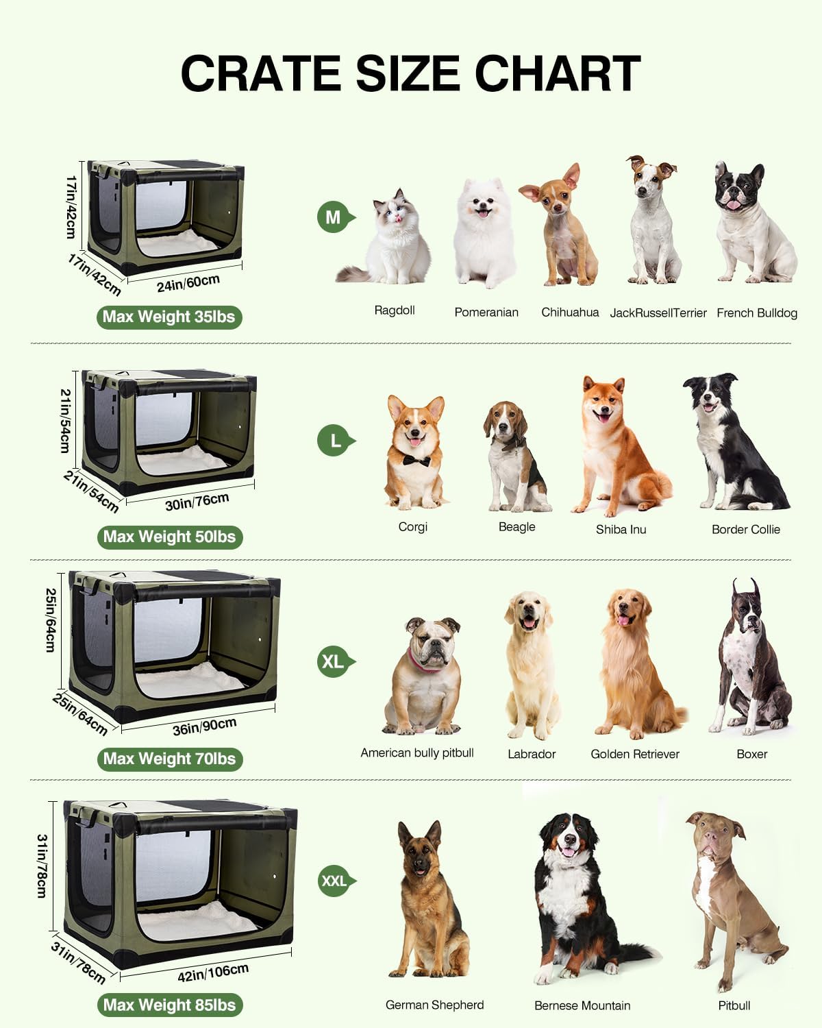 42-Inch Collapsible Travel Dog Crate, Portable 4-Door Soft Kennel for Medium to Large Dogs, Durable Mesh Windows, Indoor/Outdoor Use, Foldable, with Storage Bag (Green)