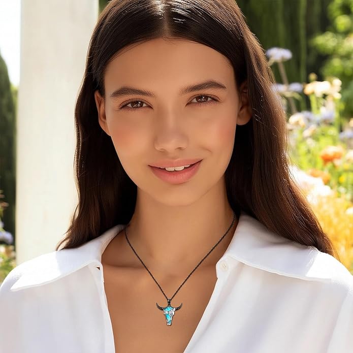 Midir&Etain Western Necklace 925 Sterling Silver Turquoise Pendant Cow Skull/Hat/Tag/Cactus Cowgirl Country Jewelry for Women Men