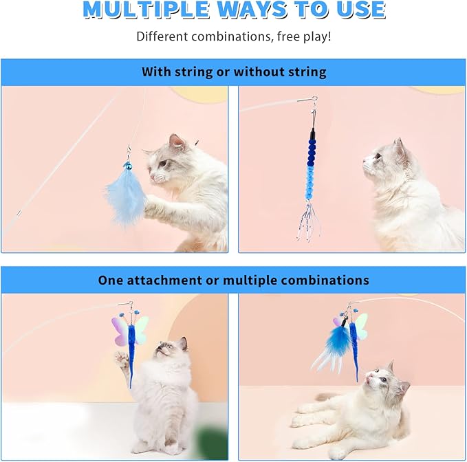 Cat Wand Toy for Indoor Cats 6PCS Fairy Feather Cat Toys with Retractable Fishing Pole Replaceable Feather Attachments Dragonfly Tassel Worm with Bells Cat String Kitten Toy Gift (Blue)