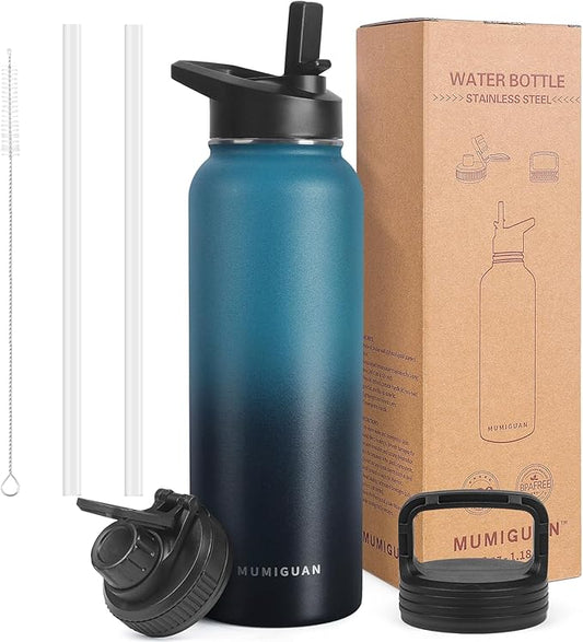 40oz Insulated Water Bottle with 3 Lids(Straw, Hand and Spout Lid), Double Vacuum Stainless Steel Metal Water Flask(BPA-free, CPC) for Sports, Camping, Hiking, Cycling, Fitness and more(Indigo Black)