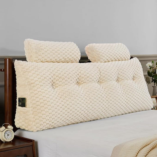 Wedge Headboard Pillow - Bed Wedge Pillow for Headboard Triangular Headboard Pillow with Neck Roll Pillow-Large Bolster Pillow for Sitting in Bed Backrest Positioning Support (Beige,59x8x20 Inches)