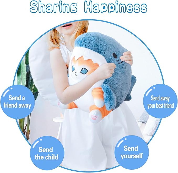 Kawaii Shark Cat Plush Toy Stuffed Animal Doll, Cute Soft Pillow Stress Release Hugs Toys Christmas Halloween Birthday Gifts for Kids Boys Girl Best Gift (Blue - Yellow,12 inch)