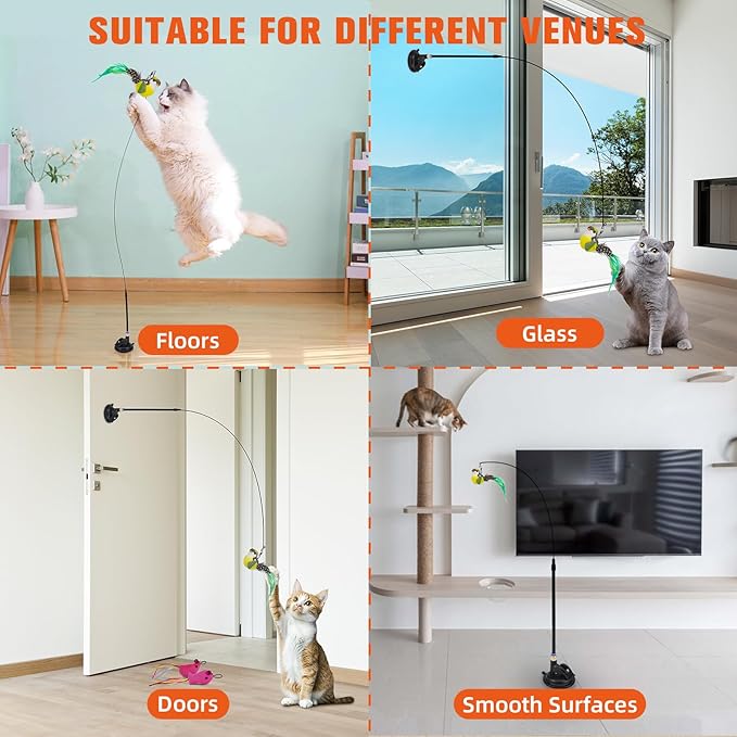 PAWCHIE Cat Toy,Interactive Cat Feather Toy,Suction Cup Cat Bird Simulation Toy Set,Self Play Cat Kitten Toys for Indoor，Cat Wand Toy 10 PCS Cat Feather Replacement Toys,Hanging String and Mouse Toy