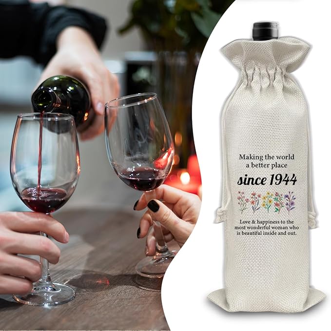 80th Birthday Gifts Wine Bag Congratulations Gifts for Women Men Parents Mom Dad Anniversary 1944 with Time Information Wine Gift Bag