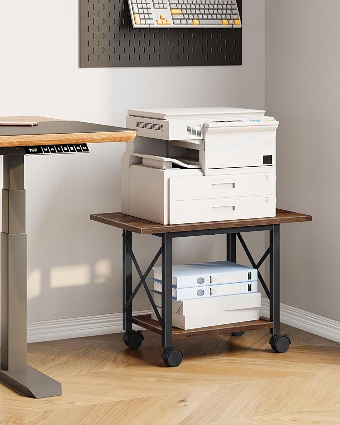 23.6" Under Desk Printer Stand, 2-Tier Printer Table with Wheels Adjustable Feet for Home Office, Study, Living Room, Rustic Brown and Black TPS01BF