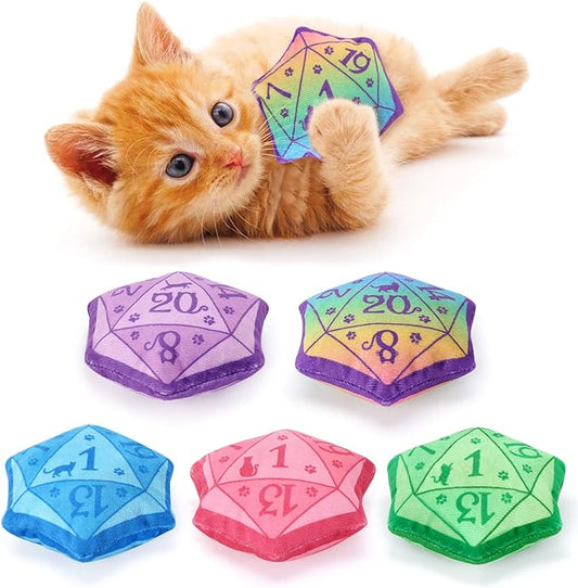 CiyvoLyeen D20 Dice Catnip Toy, DND Interactive Cat Toy Gifts for Role Playing Tabletop Game Soft Plush Funny Cute Kitten Teething Chew Pet Supplies Cat Lover Witchy Gift Idea Dnd Accessories Set of 5