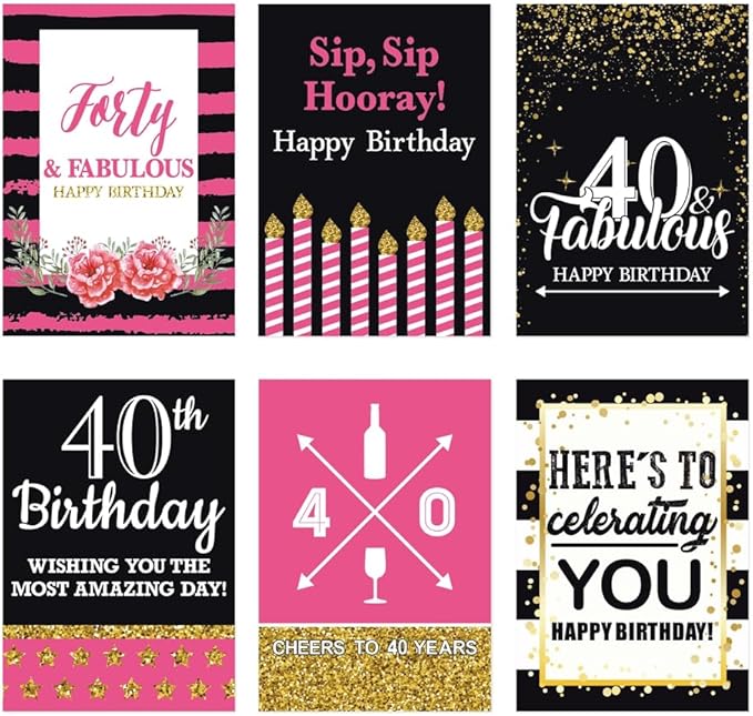 40th Birthday Wine Bottle Labels, Black and gold pink,Birthday party supplies,Funny Birthday gifts for women, Set of 6