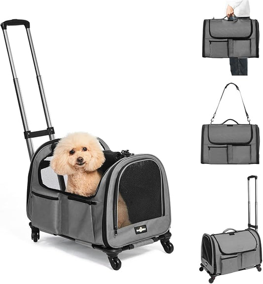 Large Pet Carrier with Wheels, Foldable Rolling Dog Carrier with Wheels and Big Pocket, Cat Rolling Bag 21"x13"x13" for 2 Cats &Dogs, for Travel, Outdoor, Vet Visits, Camping, Indoor. Gray