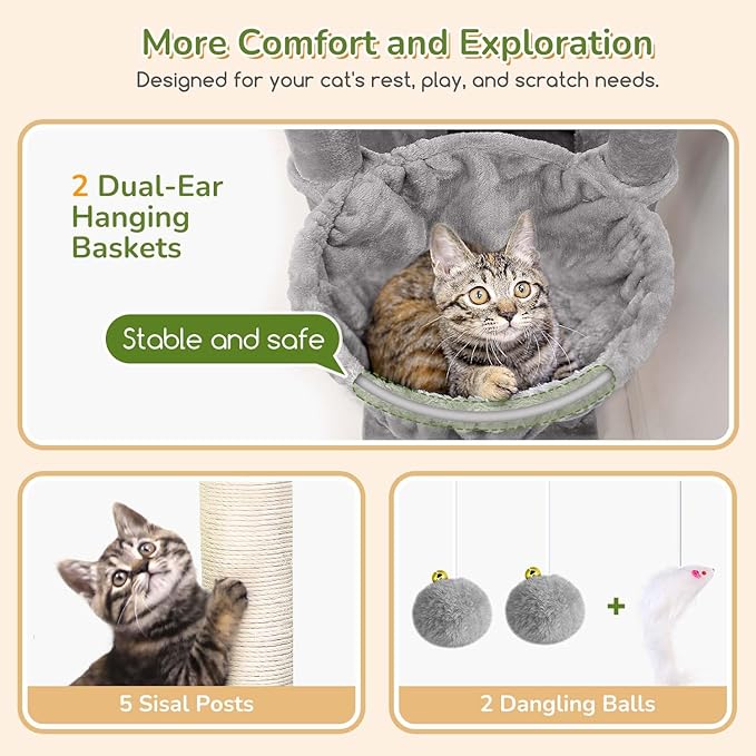 Globlazer Heavy Duty Cat Tree, 74in Sturdy Cat Tower for Large Cats Adult, Big Cat Tree with 5 Sisal Scratching Posts, 2 Padded Condos, 2 Dual-Ear Hanging Baskets, Enlarged Top Perch, S74, Light Grey