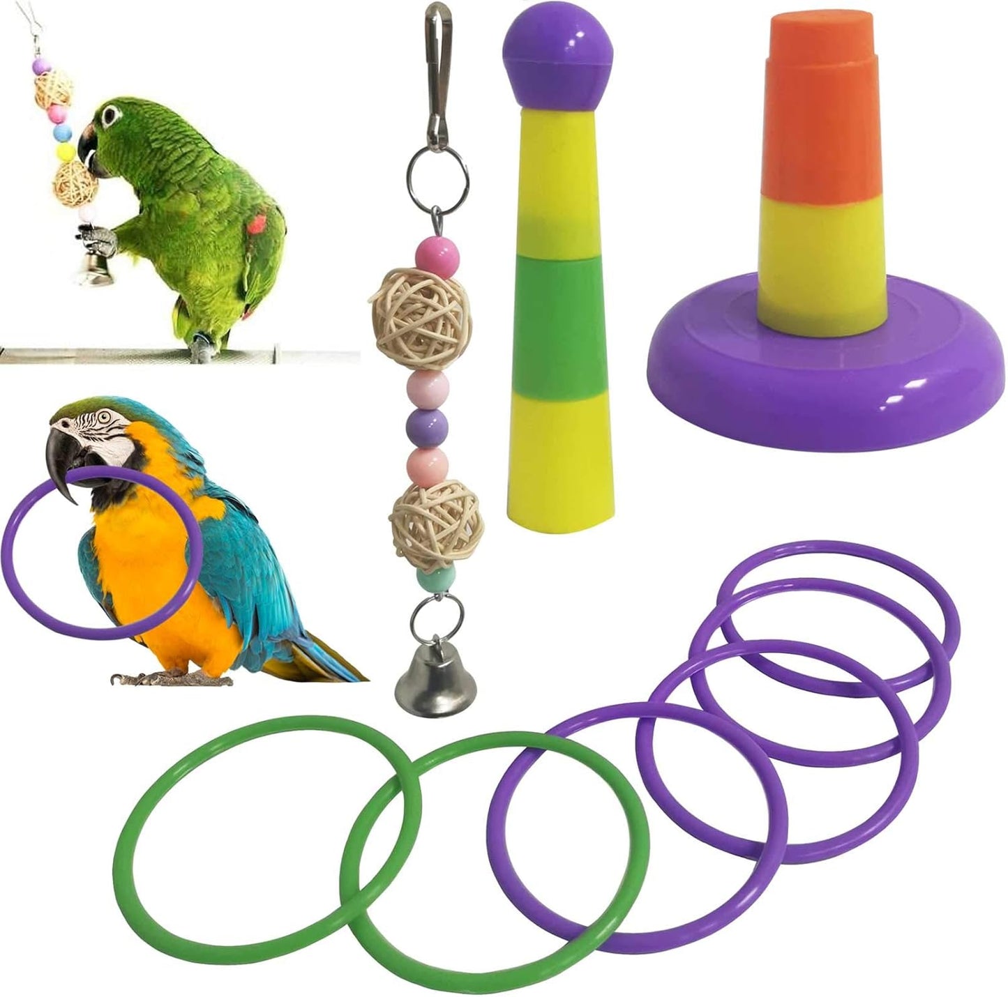 kathson 5PCS Bird Hides Coconut Nest with Ladder Perches Hanging Parrot House Cage Natural Coconut Fiber Parakeet Chewing Toys Intelligence Training Rings for Small Budgies Cockatiels