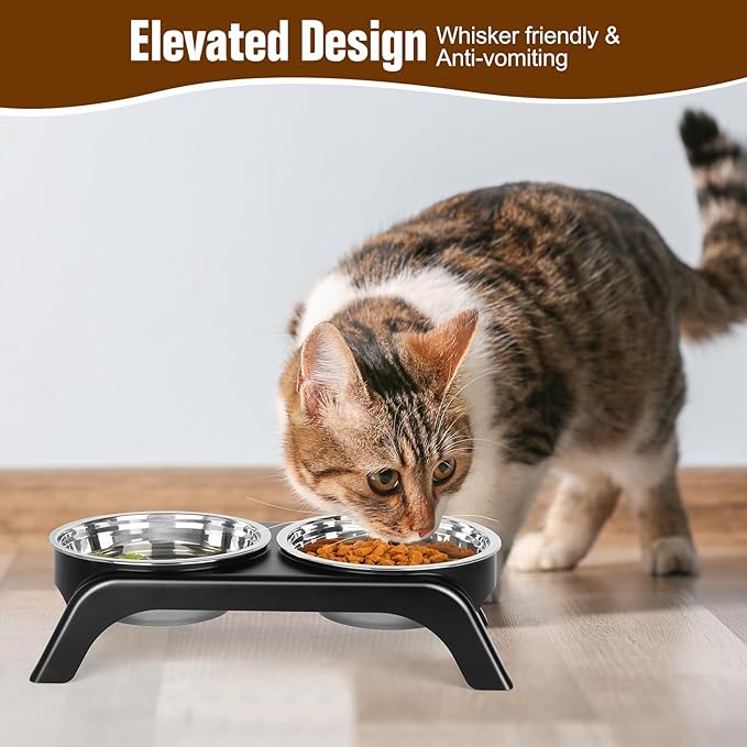 Elevated Cat Bowls, Anti Vomiting Raised Cat Food Bowl with 2 Stainless Steel Bowls, Prevent Neck Pain Cat Bowl Set, ABS Anti Slip Stand Cat Bowls for Indoor Cats & Puppies (Grey)