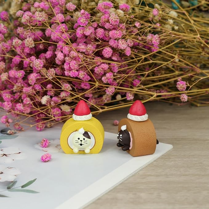 Cute Miniature Cat Figurine Resting on Swiss Roll Resin Mini Cat Figures, Kitten Miniature Desk Accessories - Perfect Cute Cat Gift for Cat Lovers