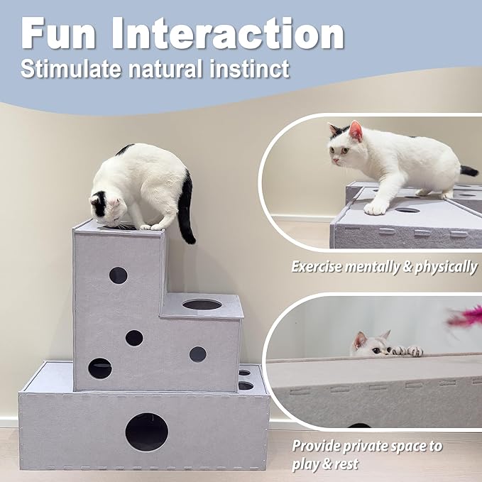 Meeyoview Cat Tunnel, Felt Tunnels for Indoor Cats, Peekaboo Cat Hideaway Cave, L-Shape Cat Tunnel Bed, Interactive Cat Cube Toys for Small Medium Large Cats