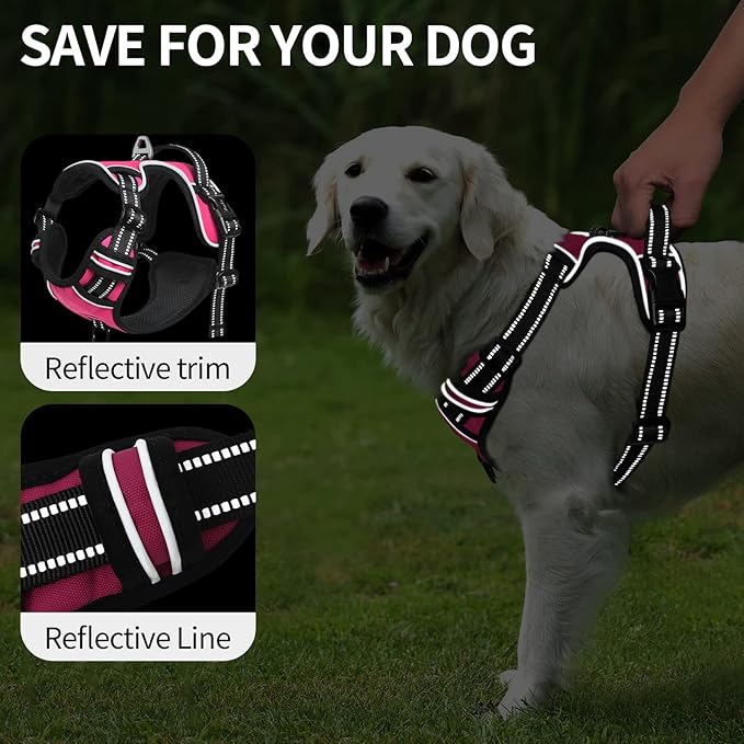HEELE Dog Harness, No Pull Adjustable Padded Reflective Harness for Small Medium Large Dogs with Handle for Walking Training, Rose, XL