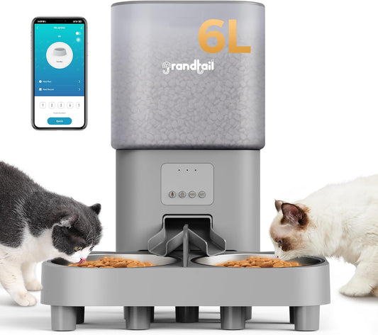 Automatic Cat Feeder, WiFi Dog Food Dispenser with APP Control for 2 Cats & Dogs, 6L Elevated Timed Dog Feeder Programmable 1-10 Meals,10s Meal Call,Dual Power Supply, 2 Stainless Bowls
