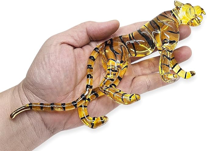 WitnyStore Tiny 8" Long Yellow Black Walking Tiger Roaring Figurine - Miniature Hand Blown Painted Glass Panthera Wild Cat Small Crystal Wildlife Animals Decorative Collectible Figurines Décor Gifts