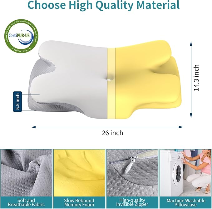 Cervical Neck Pillow for Pain Relief - Contour Memory Foam Pillows with Cooling Pillowcase, Neck Support Pillows for Sleeping, Ergonomic Orthopedic Pillow for Side, Back, Stomach Sleepers