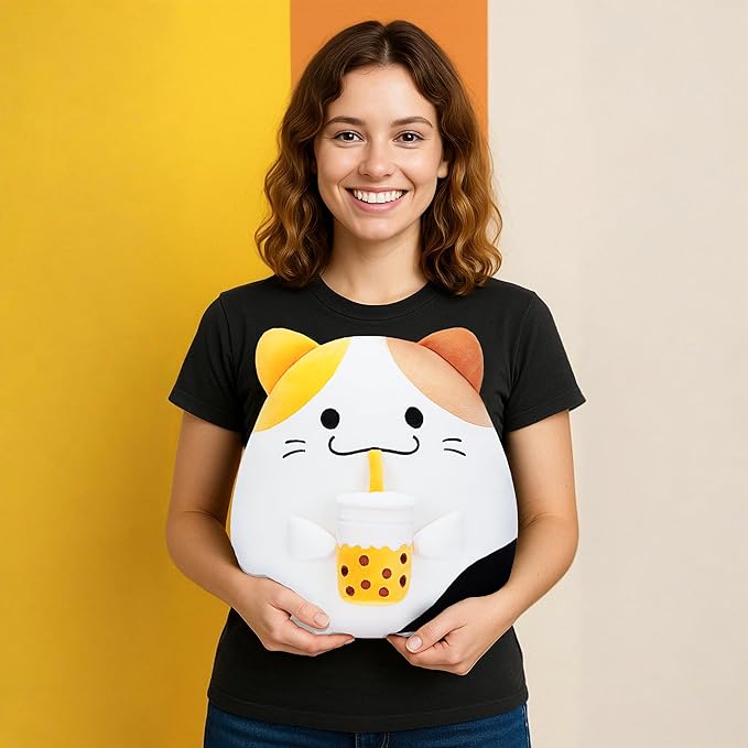 Original 12.5-inch Large Calico Cat Plush Pillow Stuffed Animal Toy,Big Size Cute Soft Fat Hugging Cuddle Huggable Plushie,Gift for Kids