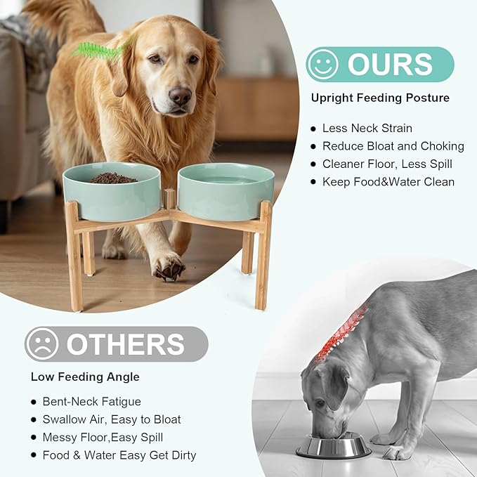 SPUNKYJUNKY Elevated Dog Bowls Ceramic, 8.3'' Dogs Food Water Bowls Raised with Non-Slip Bamboo Stand for Large Sized Breed Microwave Dishwasher Safe - 60 OZ,Light Green