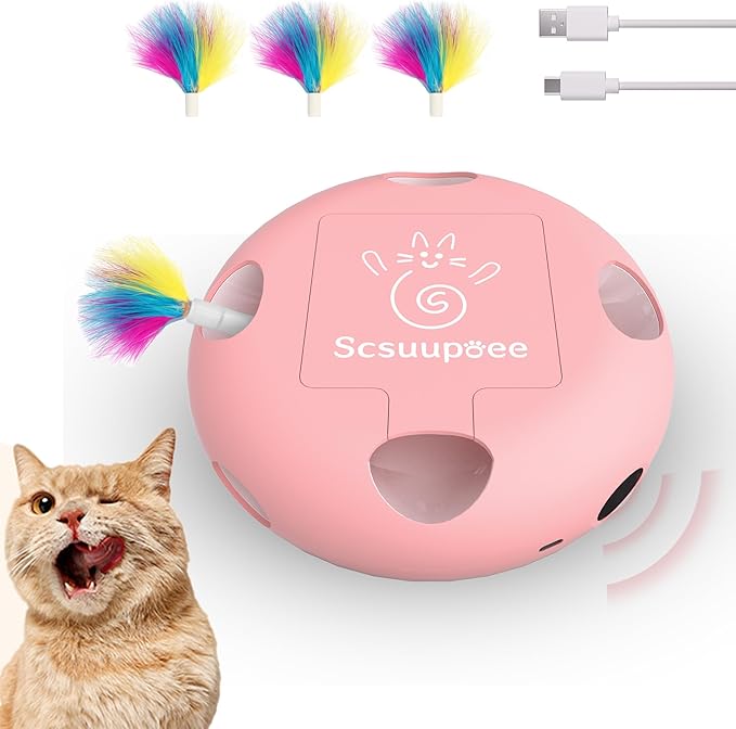 Interactive Cat Toy, Electric Cat Toys for Moving Concealed Feathers, Smart Sensor 7 Holes Whack a Mole Feather Toy, USB Charge Automatic Kitten Toys, Pink