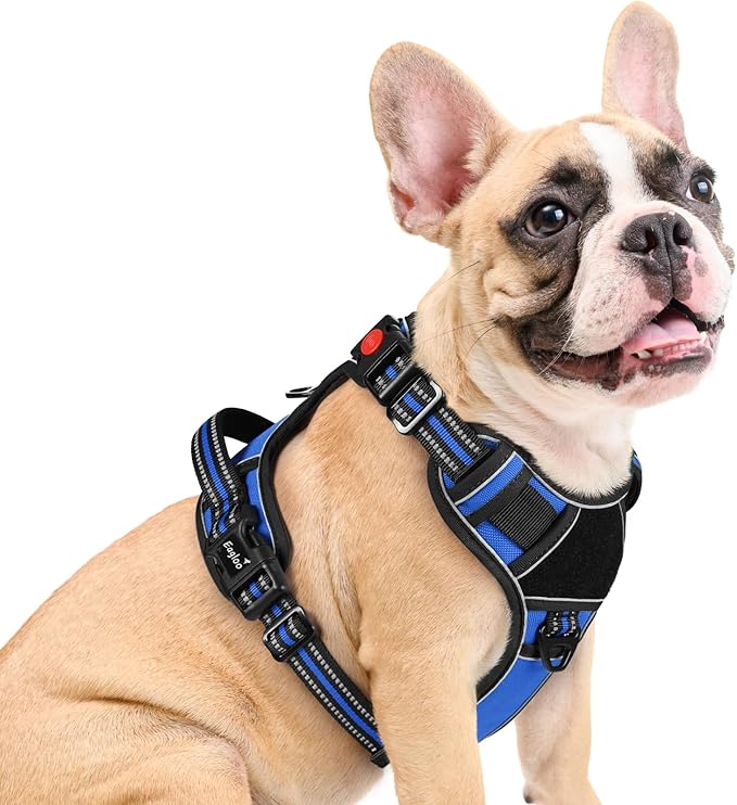 Eagloo Dog Harness Medium Sized, Easy Wearing with 3 Buckles, Adjustable No Pull Pet Harness with 2 Rings for Walking, No Chock Reflective Soft Padded Vest with Control Handle, Blue & Black, M