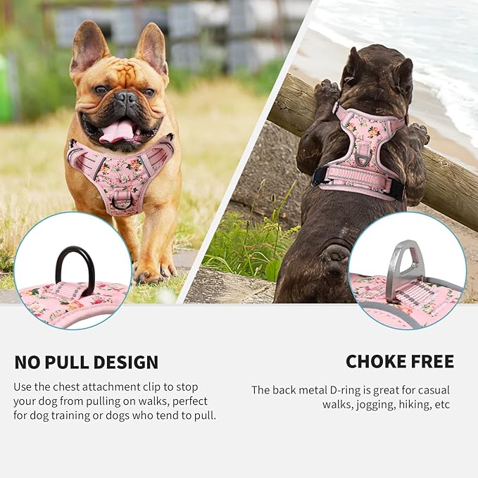 HEELE Dog Harness, No Pull Adjustable Padded Reflective Harness for Small Medium Large Dogs with Handle for Walking Training, Flower-Pink, L