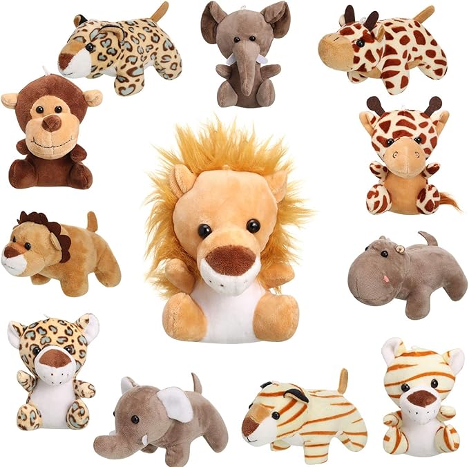 Sumind 12 Pieces Mini Stuffed Forest Animals Jungle Animal Plush Toys 4.8 Inch Cute Elephant Lion Giraffe Tiger Plush for Animal Themed Parties Achievement(Sitting, Lying)