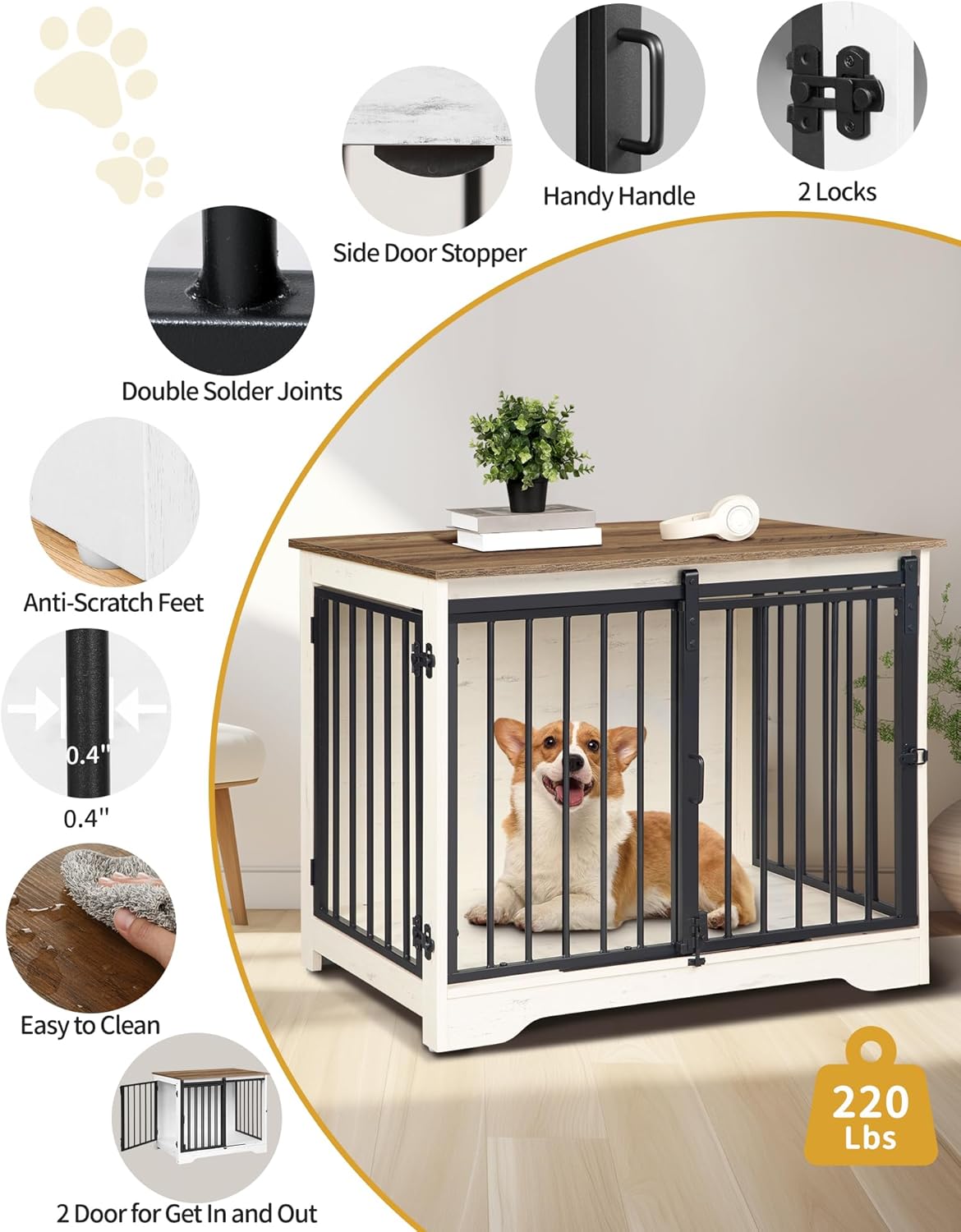 31.9" Dog Crate Furniture with Barn Door, Heavy Duty Dog Kennel Indoor with 2 Doors, Wooden Pet Cage End Table for Small Medium Dogs up to 44 lb, Anti-Chew Anti-Escape, White Brown DFC83614B