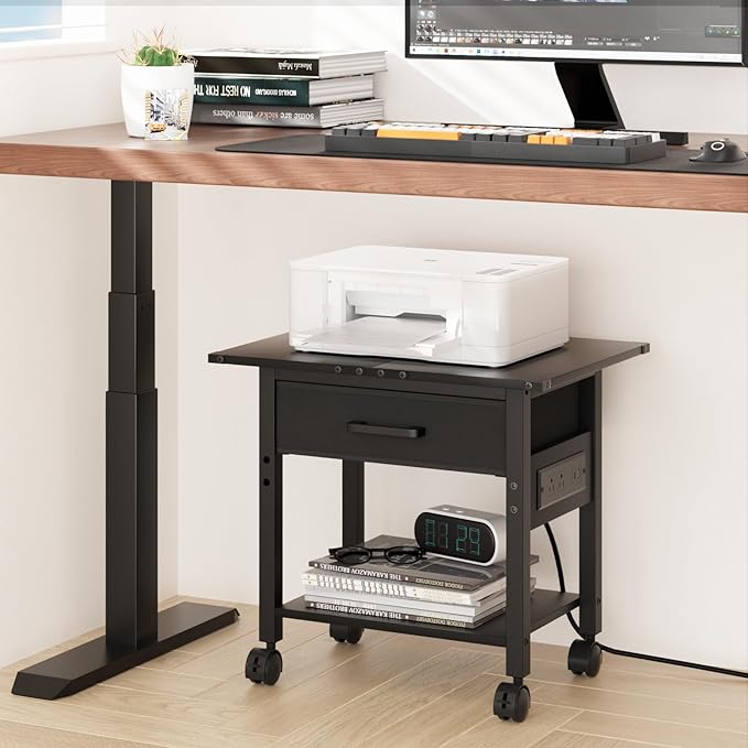 Lerliuo Under Desk Rolling Printer Stand with Charging Station and USB Ports, 2-Tier Printer Table Desk with Fabric Drawer, Printer Cart Holder with Lockable Wheels for Home, Office (Black)