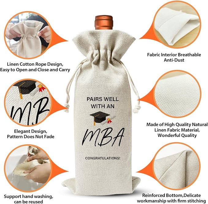 MBA Graduation Gift Wine Bag, Pairs Well With An MBA, Graduation Party Decoration For Master Bachelor Of Management Administration, Thank You Gift Bag For Women, Cotton Linen Burlap Wine Bag