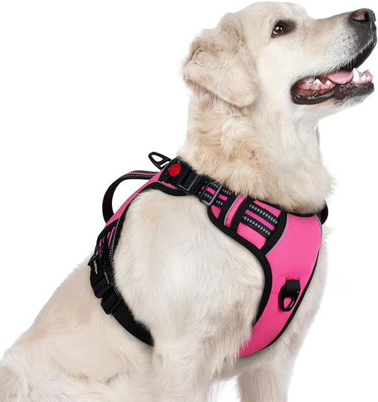 rabbitgoo Dog Harness for Large Dogs, No Pull Pet Harness with Soft Padded Handle, Adjustable Reflective Vest with 3 Buckles, Easy Walking Harness with 2 Leash Clips, Pink, L