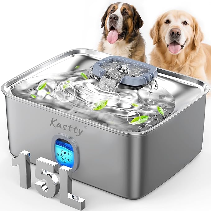 Kastty 15L/3.96 Gal Stainless Steel Dog Water Bowl Dispenser, Large Capacity Dog Water Fountain Quiet LED Light Triple Filtration BPA-Free, Automatic Pet Water Fountain Easy Cleaning for Pet FS76