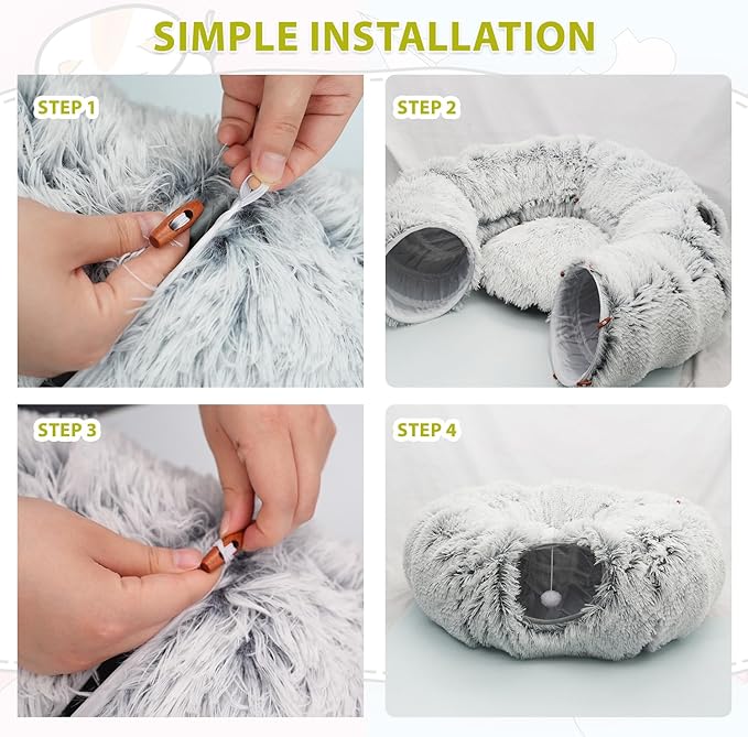 KOMUSMO Cat Tunnel Bed with Central Mat and Hanging Ball Toy, Large Cat Cave Donut for Indoor Cats, Soft Plush Fluffy Peekaboo Cat Bed Cave Collapsible for Small Medium Large Cats Kittens