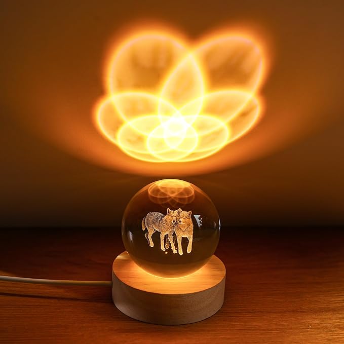 YU FENG 3D Carved Wolf Crystal Ball with Warm White Light Base 2.36 Inch