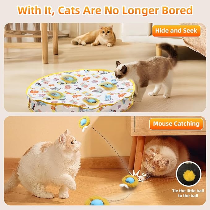 Interactive Cat Toy Ball, Automatic Moving Cat Ball in Pouch,Interactive Cat Toys for Indoor Cats,Motion Activate Cat Toy Hide and Seek Mouse Catching Game , Play Mat for Cats (Round-Yellow)