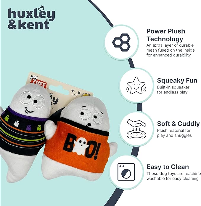 Huxley & Kent Halloween Funny Dog Toy w/Squeaker – Power Plush Squeaky Dog Toys for Small Dogs – Durable Small Stuffed Animal for Indoor Play & Fetch - Tiny Tuff Boo Buddies 2pk