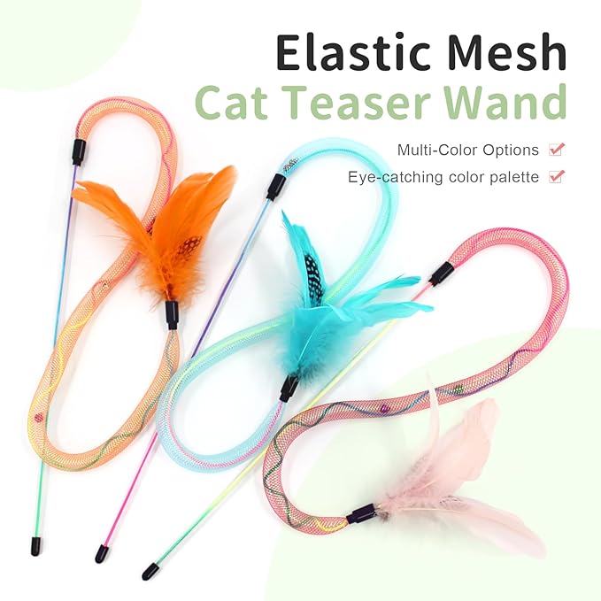 SONGWAY Cat Rainbow Wand Toy - Rainbow Cat Feather Toys with Bells, Colorful Mesh Teaser Wand with Feather Tail, Interactive Toys for Indoor Cats Kittens, Light Color