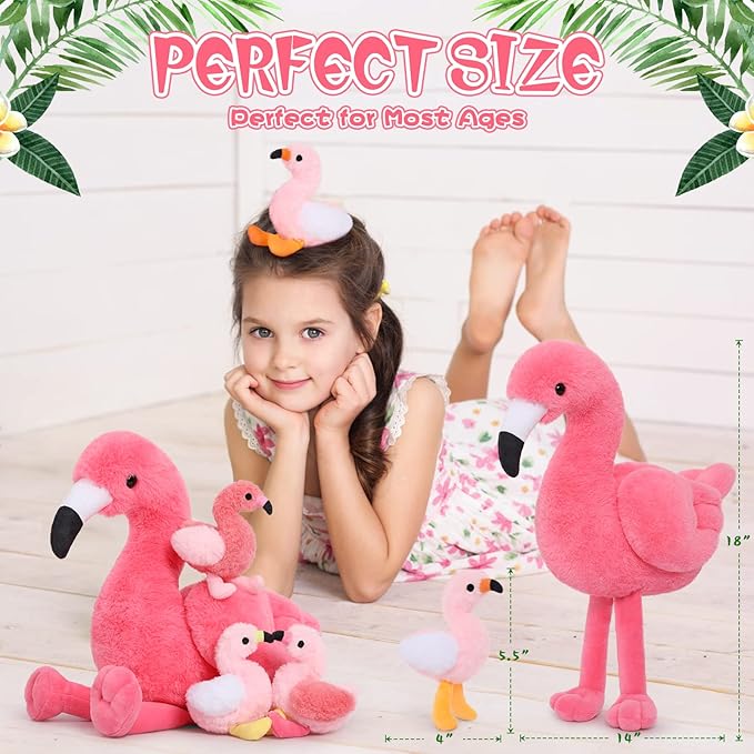 MorisMos Plush Flamingo Stuffed Animal-18 Inch Mommy Stuffed Flamingo with 4 Baby Bird Plush Toys Inside Zipper Tummy, Pink Bird Stuffed Animals Gift for Girl Women Decor Birthday Christmas Valentines