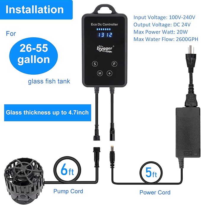 hygger Quiet Magnetic Aquarium Wave Maker, 2600GPH DC 24V Powerhead with Digital Led Display Controller, Submersible Water Inverter Circulation Pump for Fish Tank 26-55 Gallon