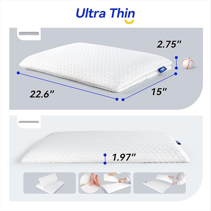 inight Stomach Sleeper Pillows, Thin Memory Foam Pillow, Flat Cooling Gel Pillow for Sleeping Travel with Adjustable Layer-2.75/1.97 inches, Washable Cover, Standard Size with Oeko-TEX & CertiPUR-US