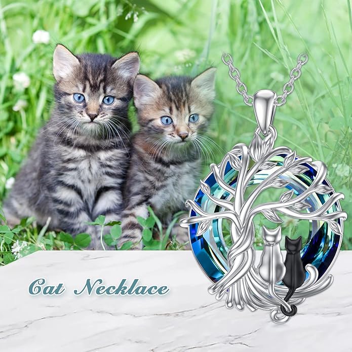 TOUPOP Cat Gifts for Cat Lovers Sterling Silver Cute Cat Tree of Life Pendant Necklace with Blue Circle Crystal Birthday Christmas Jewelry Gifts for Women
