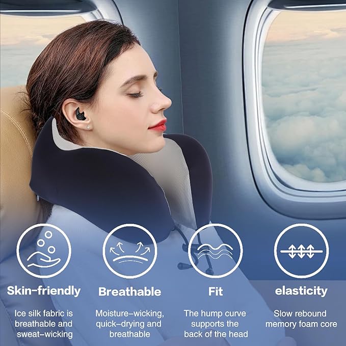 Travel Neck Pillow, Curved Ergonomic Design, Ice Silk Fabric is Comfortable and Breathable, The Pillowcase is Removable. Comes with Portable Storage Bag and Ear Plugs (Blue)