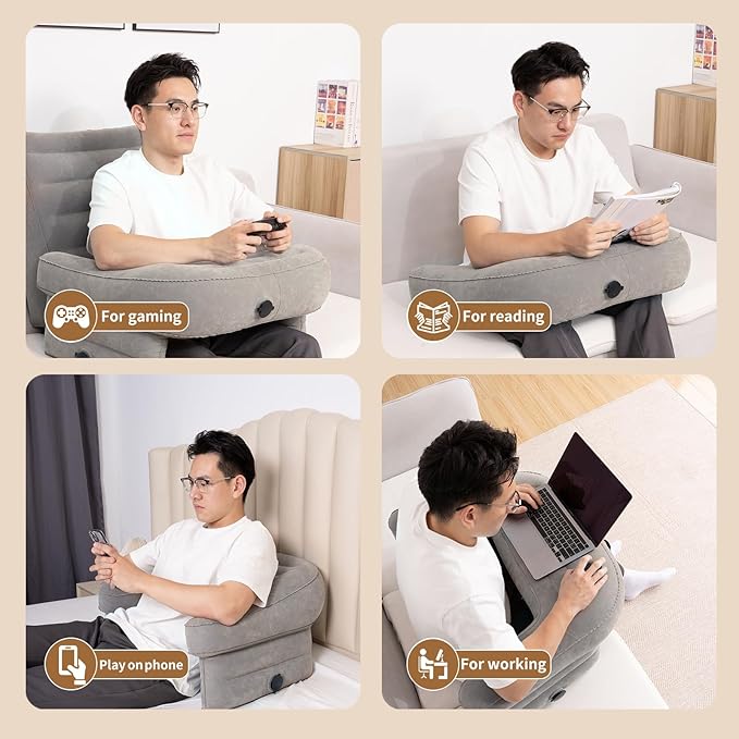 Inflatable Reading Pillow for Gaming Foldable Soft Lap Desk Pillow for Reading Working Gaming Pillow Lep for Bed, Arm Rest Pillow for Adult, Laptop Pillow for Lap in Bed Floor Sofa Couch Camping