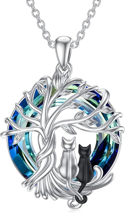 TOUPOP Cat Gifts for Cat Lovers Sterling Silver Cute Cat Tree of Life Pendant Necklace with Blue Circle Crystal Birthday Christmas Jewelry Gifts for Women