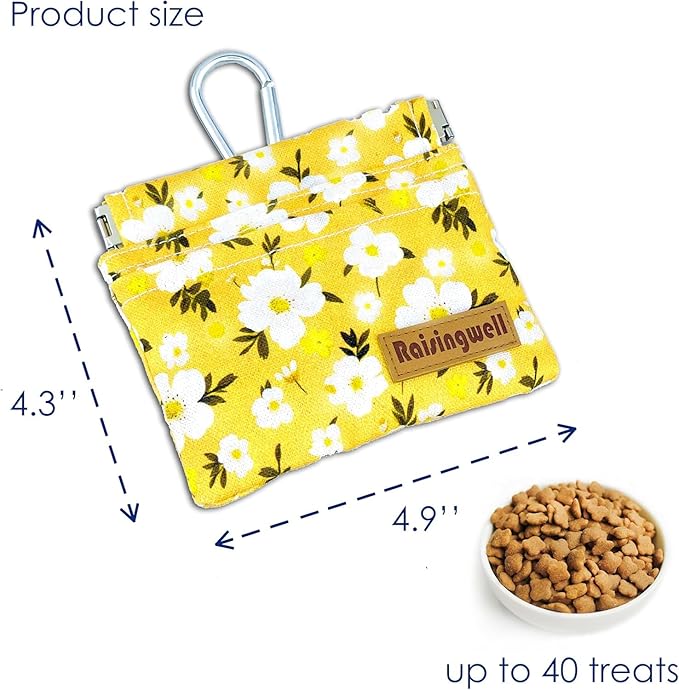 Dog Treat Pouch, Pocket Sized Pet Training Pouch, Cotton Fabric, Hand Free Yellow Flower Dog Walking Bag with Carabiner, Self-Closing Pet Feed Snack Reward, for Puppy Travel or Outdoor Use