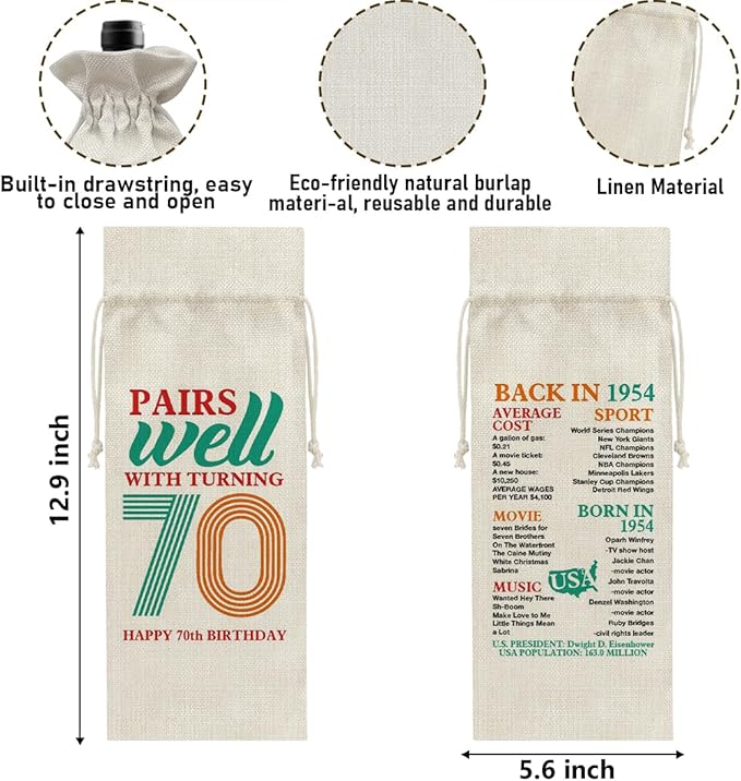 70th Birthday Gifts Wine Bag Congratulations Gifts for Women Men Parents Mom Dad Anniversary 1954 with Time Information Wine Gift Bag