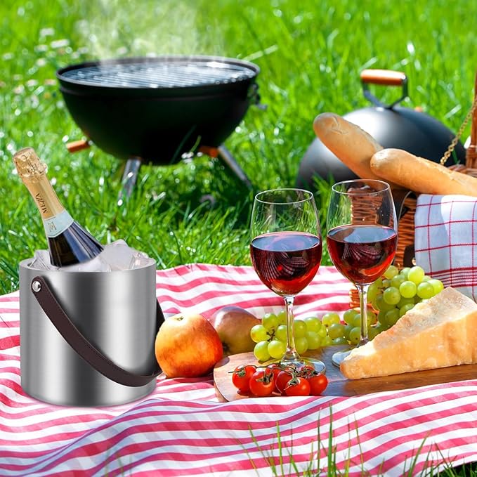 3L Large Ice Bucket with Lid, Ice Tong, Strainer & Leather Handle Keep Ice Frozen Longer Large Wine Ice Buckets for Parties,Cocktail Bar, Chilling Beer Champagne, Dark Brown Handle 3L