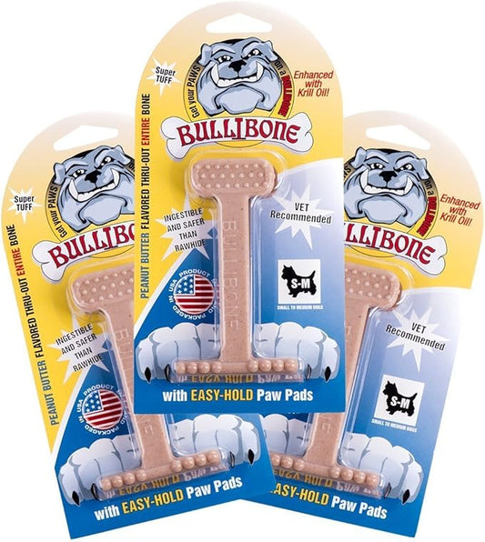 Bullibone Nylon Dog Chew Toy Nylon Bone - Improves Dental Hygiene, Easy to Grip Bottom, and Permeated with Flavor (Peanut Butter, Small - 3 Pack)