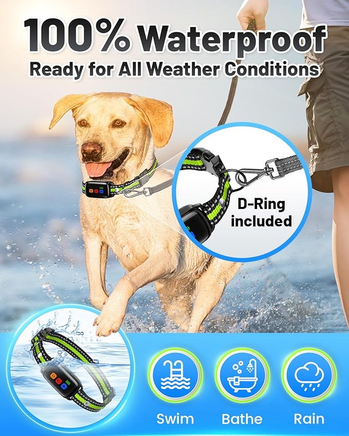 No Shock Dog Training Collar with Remote 3300FT - Vibration and Beep Only, Waterproof Humane Shock Collar for Dogs Bark Control & Obedience Training - Small/Medium/Large Breeds E-Collar (Green)