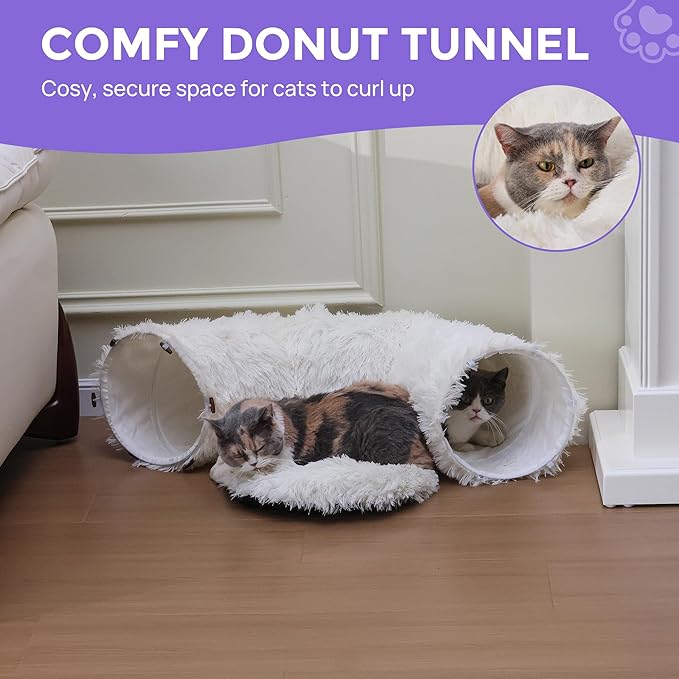 Plush Cat Tunnel Bed for Indoor Cats with Soft Cushion, Multi-Shape Play Cave with Hanging Balls, Large and Foldable Cat Donut Tunnel for Small and Large Pets (White)